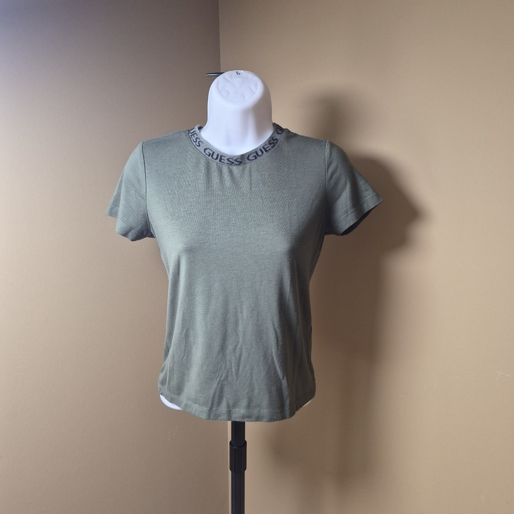 GUESS Green Logo Knit Cotton Crew Neck Short Sleeve T Shirt XS Women